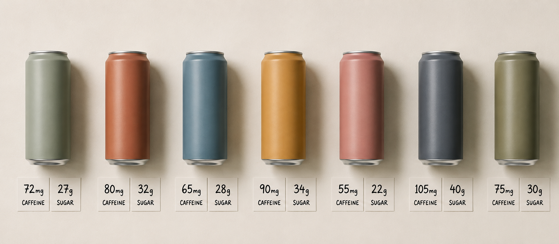Flat-lay of seven energy drink cans sold in India lined up with a caffeine-mg and sugar-g label card beside each, muted editorial lab aesthetic
